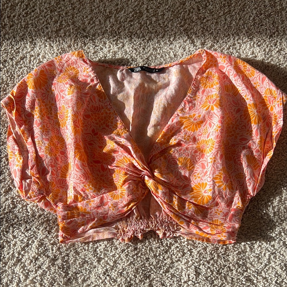 Zara Pink and Orange Floral Women's Top